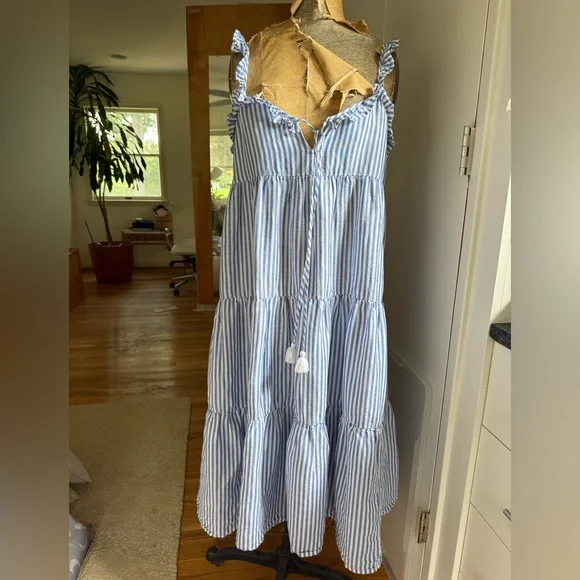 J Crew Cotton-linen tiered blue/white pinstripe Maximize sundress, S, MSRP $118 - Picture 5 of 14